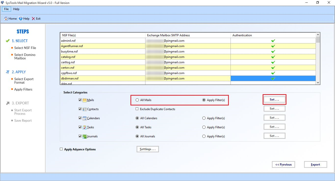 Select Filters for selective nsf files to exchange