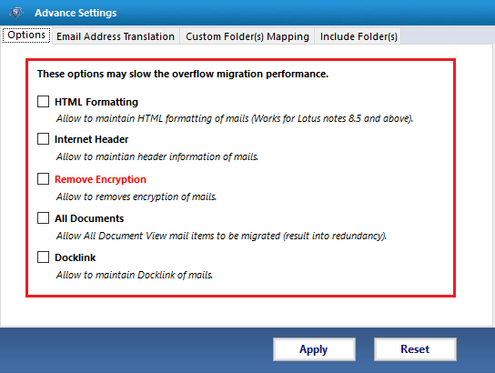 advance settings in nsf export to exchange